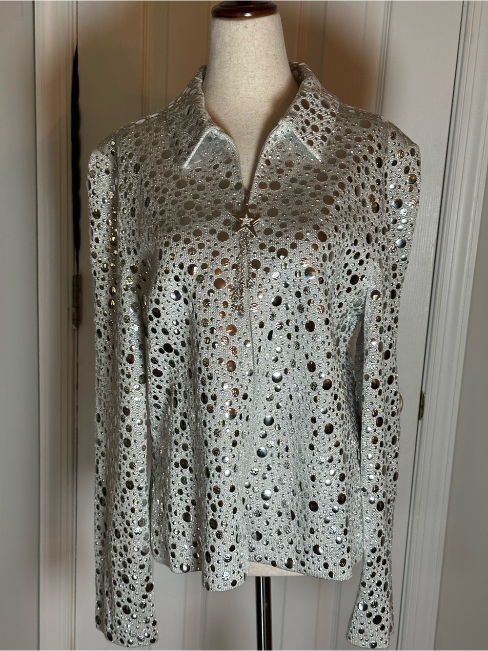 St. John Evening Silver Zip Up Embellished Jacket. Size 12
